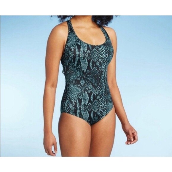 All In Motion Tie Back Teal Snakeskin Swimsuit One Piece Womens Large New Tags - Picture 2 of 15